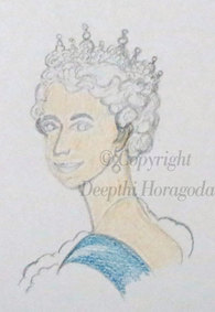 Partly coloured illustration of Queen Elizabeth II