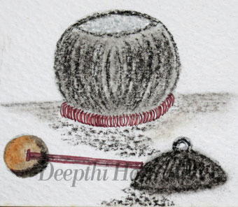 Mixed media illustrations of kitchen utensils made from coconut shells