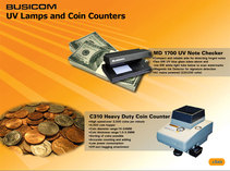 Interactive whiteboard slide design for BUSICOM UV Lamps and Coin Counters.