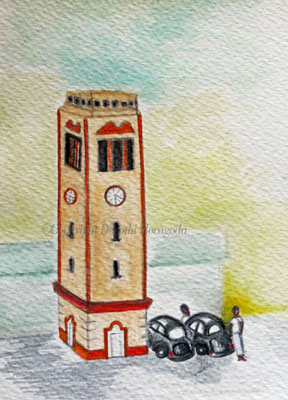 watercolour illustration of the clock tower in piliyandala town in the 1950s by deepthi horagoda