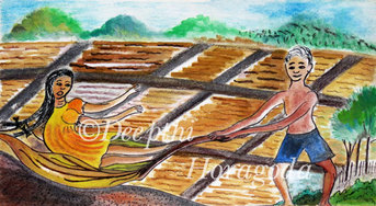 mixed media illustration of a boy pulling a toy cart made of a dried palm branch