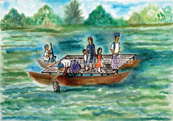 Illustration of a ferry ride on a river in the 1950s in Ceylon