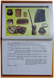 Photographs and descriptions of two pages from the section on culinary utensils of yore in Sri Lanka.