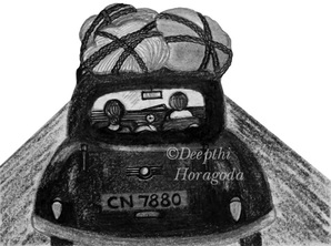 Illustration of Morris Minor car 1950 model in graphite, pen and charcoal
