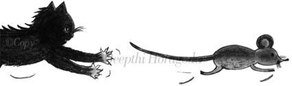 Charcoal pencil illustration of a cat chasing a rat
