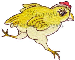 Pen and wash illustration of a chick running