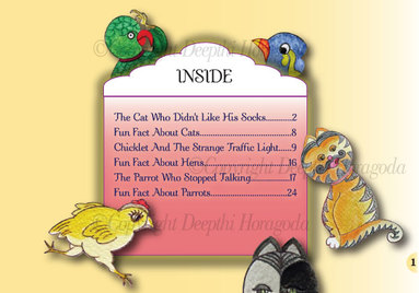  Contents page image of the children’s storybook The Cat Who Didn’t Like His Socks and other stories by Deepthi Horagoda