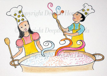 mixed media illustration of two children in chefs clothing stirring a magical cauldron