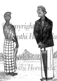 Pen and charcoal illustration of a village headman in conversation with a villager in Ceylon  in the 1950s