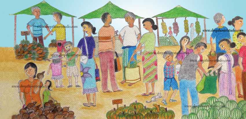 Mixed media illustration of a Sri Lankan market scene.