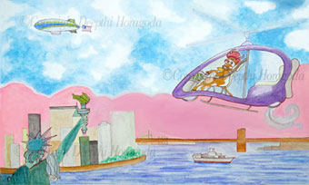 pen and ink illustration of a cow flying over new york harbour in a ‘cowcopter’