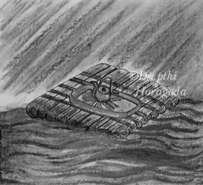 Illustration of toy ferry in charcoal and pen