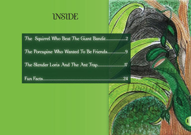Contents page image of the children’s storybook The Squirrel Who Beat The Giant Bandit and other stories by Deepthi Horagoda 