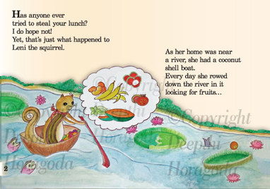 Image of a page from the children’s storybook The Squirrel Who Beat The Giant Bandit and other stories by Deepthi Horagoda