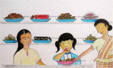 Mixed media illustration of a child receiving a plate of Sri Lankan traditional sweetmeats.