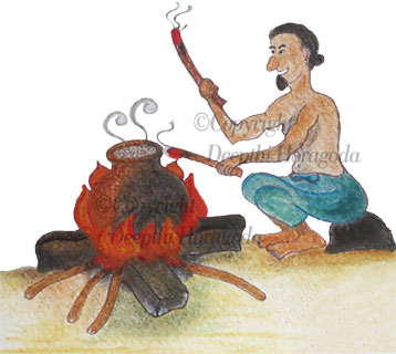 Mixed media illustration of a man beating a tune on an earthenware pot